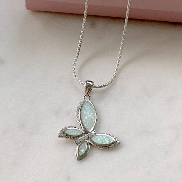 .925 Sterling Silver Lab Created Opal & Cz Butterfly Necklace - Picture 11 of 17